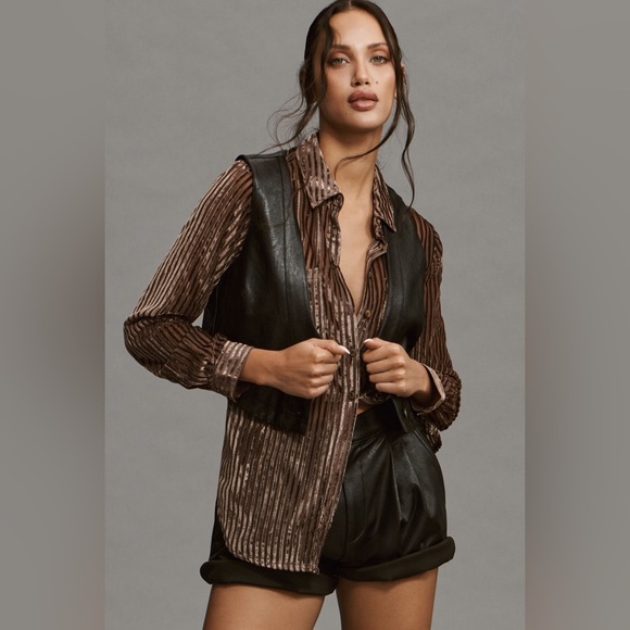 Pilcro Anthropologie Velvet sheer burnout Metallic Brown Button Down blouse - Picture 3 of 7